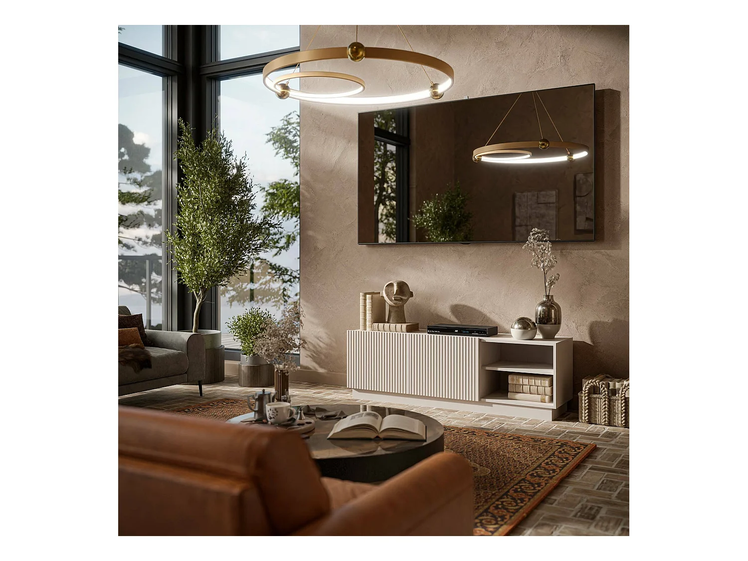 Mobile porta TV Finita, Madia da salotto con due ante battenti, Design minimal e moderno, 150x40 h48 cm, Beige