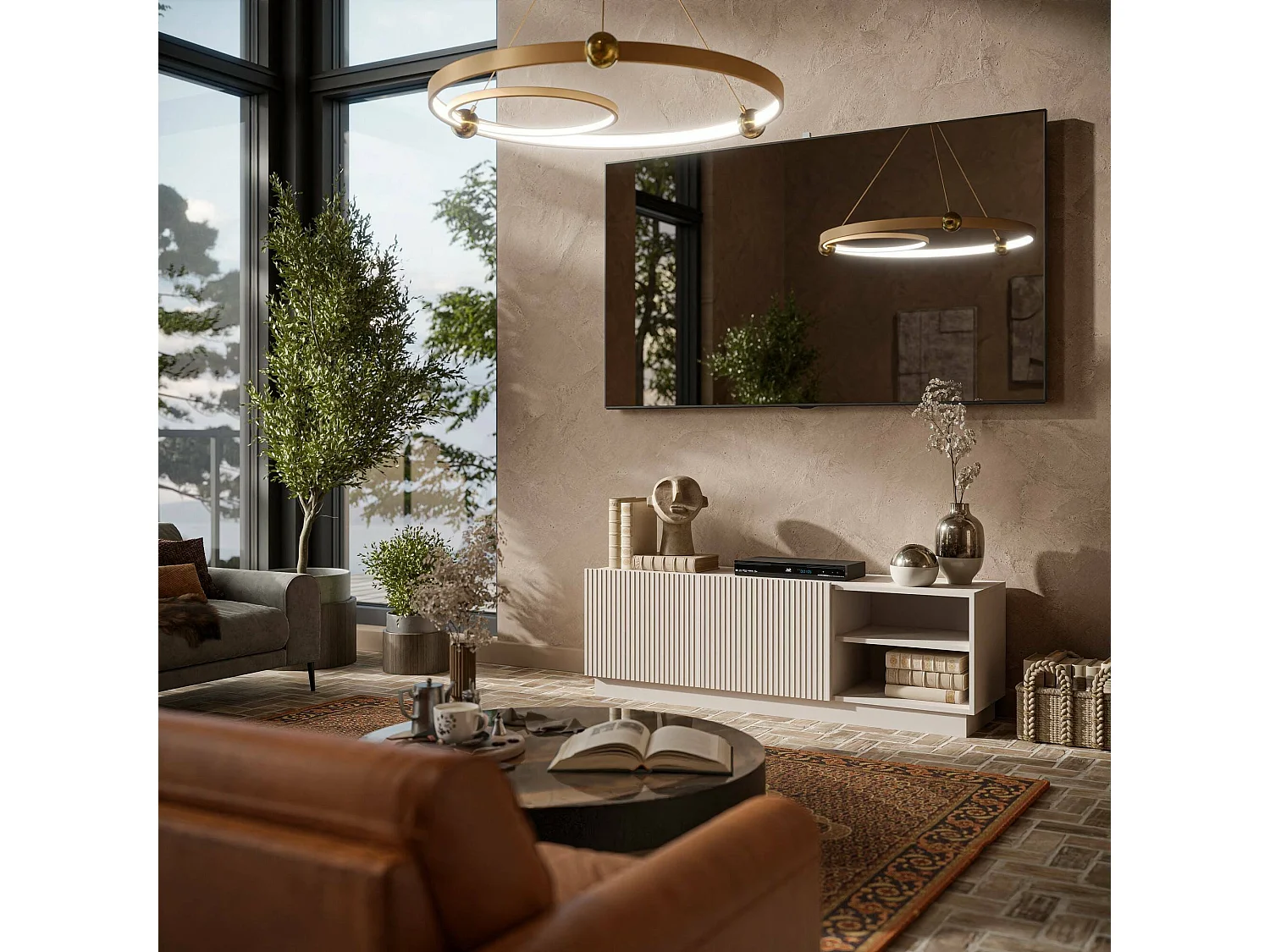 Meuble TV Lagoa, 3 étagères, 40x150x48h cm Beige