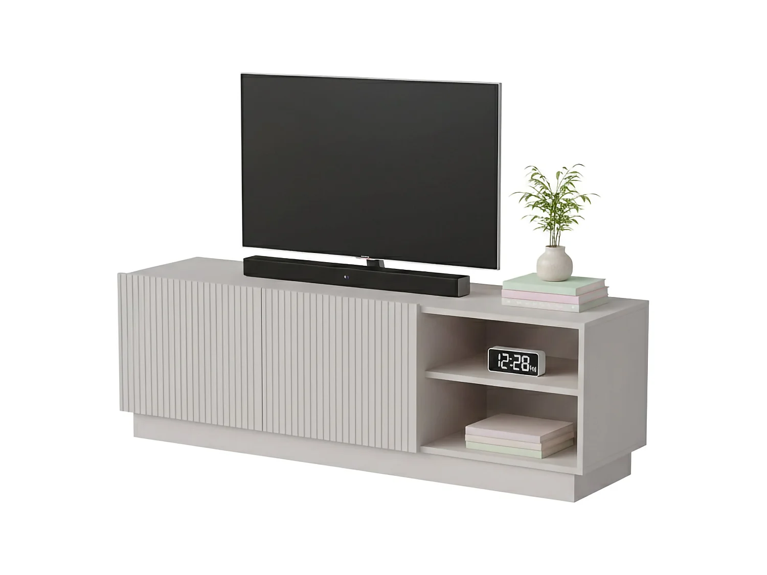 Mueble para TV acabado, 3 estantes, 150x40x48h cm beige, 2 puertas, 6 compartimentos
