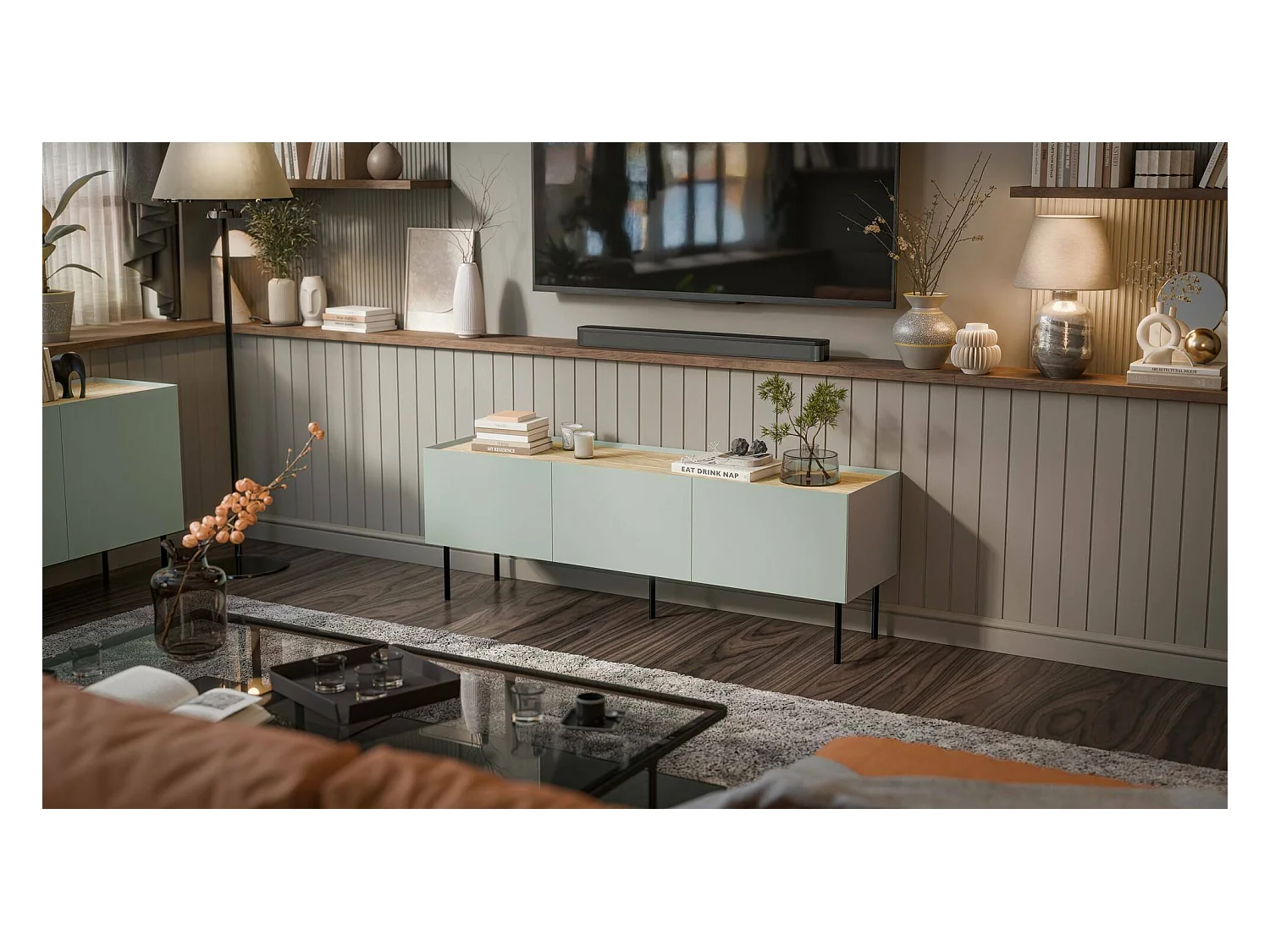 Meuble TV Vendas, avec étagère, 40x150x52h cm Vert Chêne