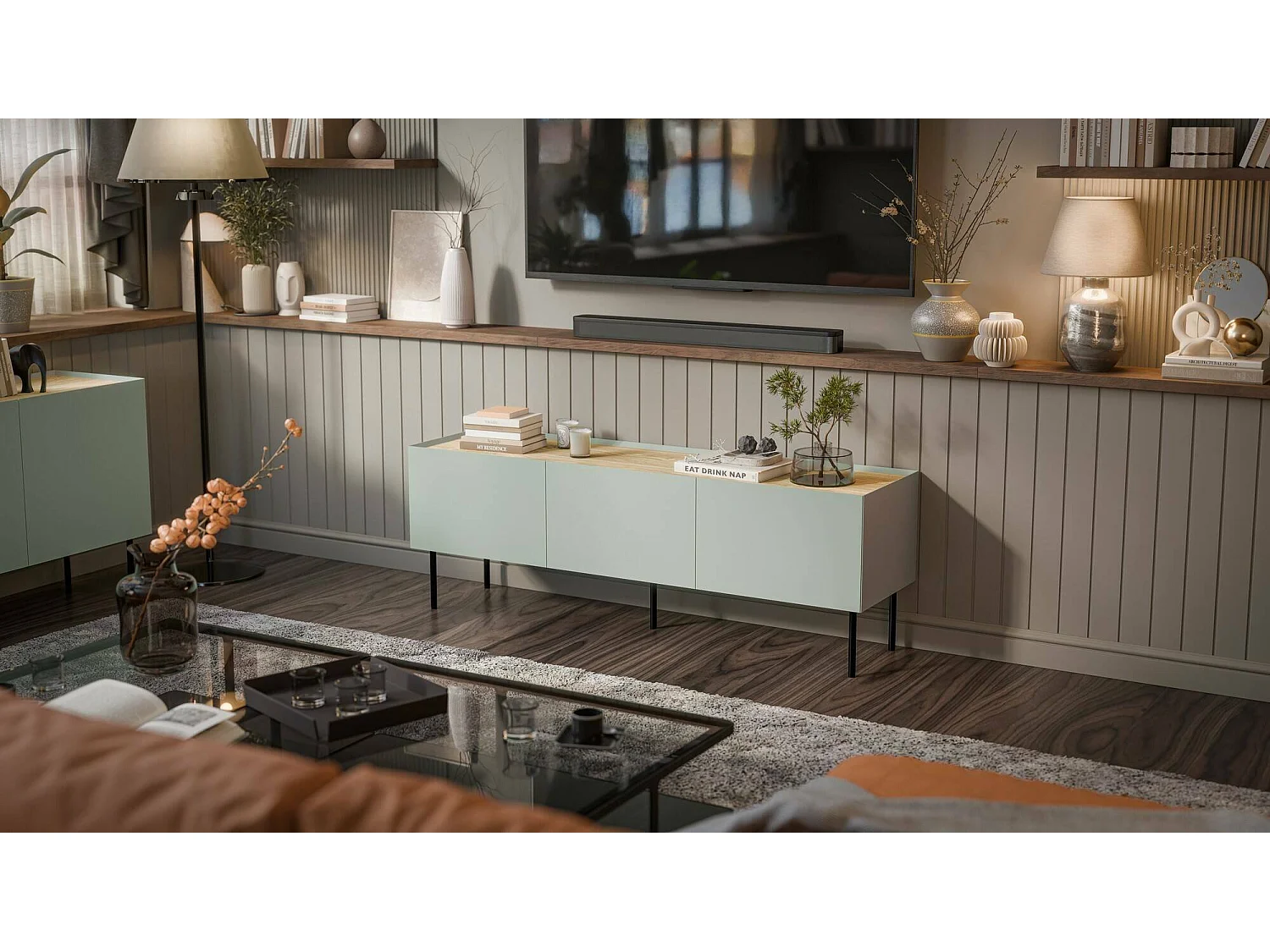 Meuble TV Vendas, avec étagère, 40x150x52h cm Vert Chêne