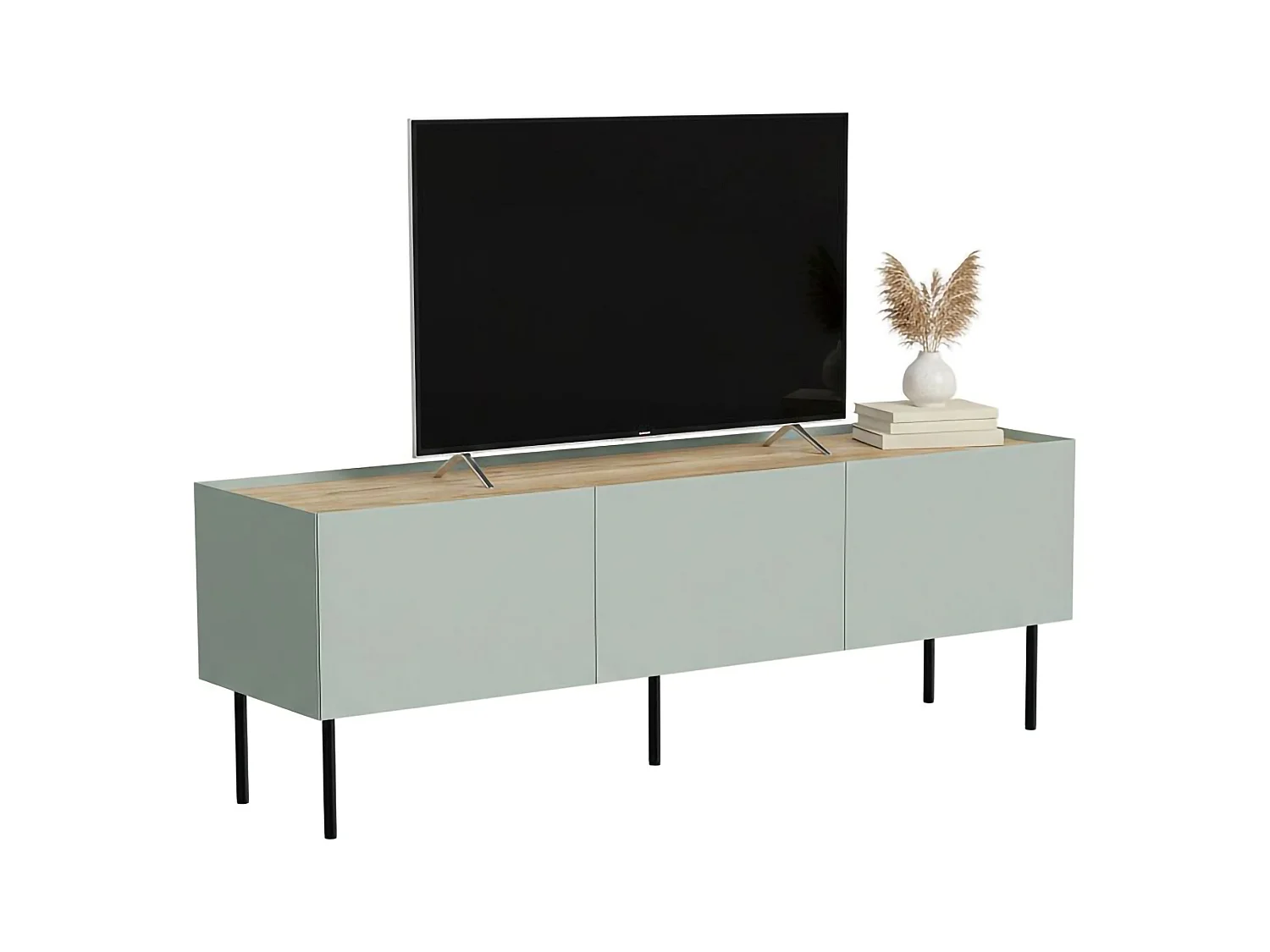 Calanna tv-meubel, één legplank, 150x40x52h cm groen, 3 vakken, 3 deuren