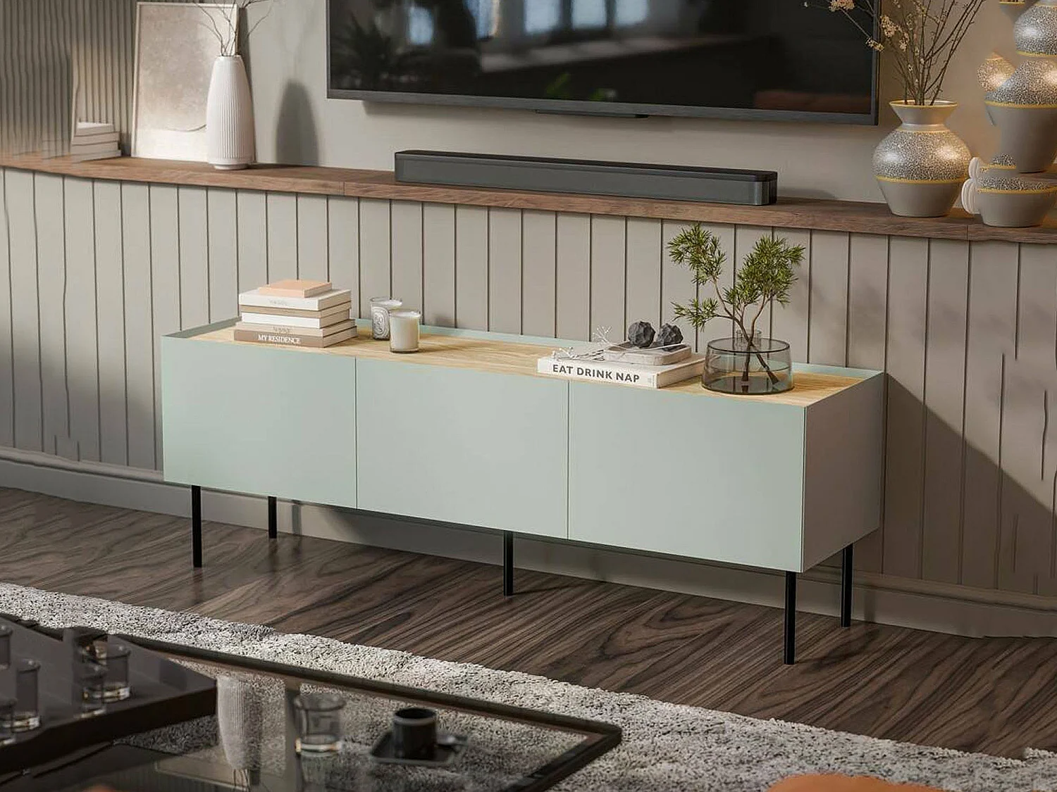 Calanna tv-meubel, één legplank, 150x40x52h cm groen, 3 vakken, 3 deuren