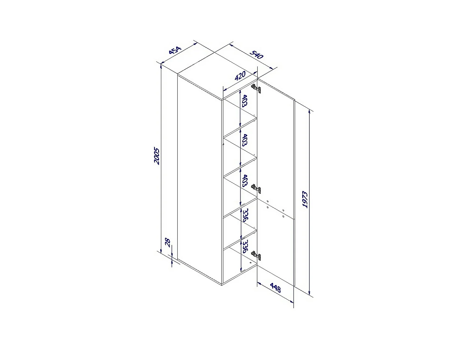 Armadio multiuso 1 anta Treville, Mobile multifunzionale con 4 ripiani interni, Finitura effetto cannettato, 45x56 h199 cm, Bianco