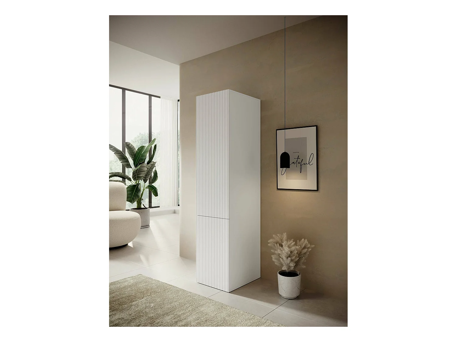 Armadio multiuso 1 anta Treville, Mobile multifunzionale con 4 ripiani interni, Finitura effetto cannettato, 45x56 h199 cm, Bianco