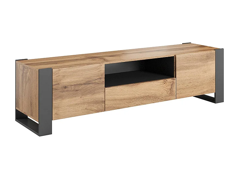 Mobile porta TV Dronero, Madia da salotto con ante battenti, vano aperto e cassetto, Rialzato da terra, 180x44 h48 cm, Rovere Nodi e Antracite