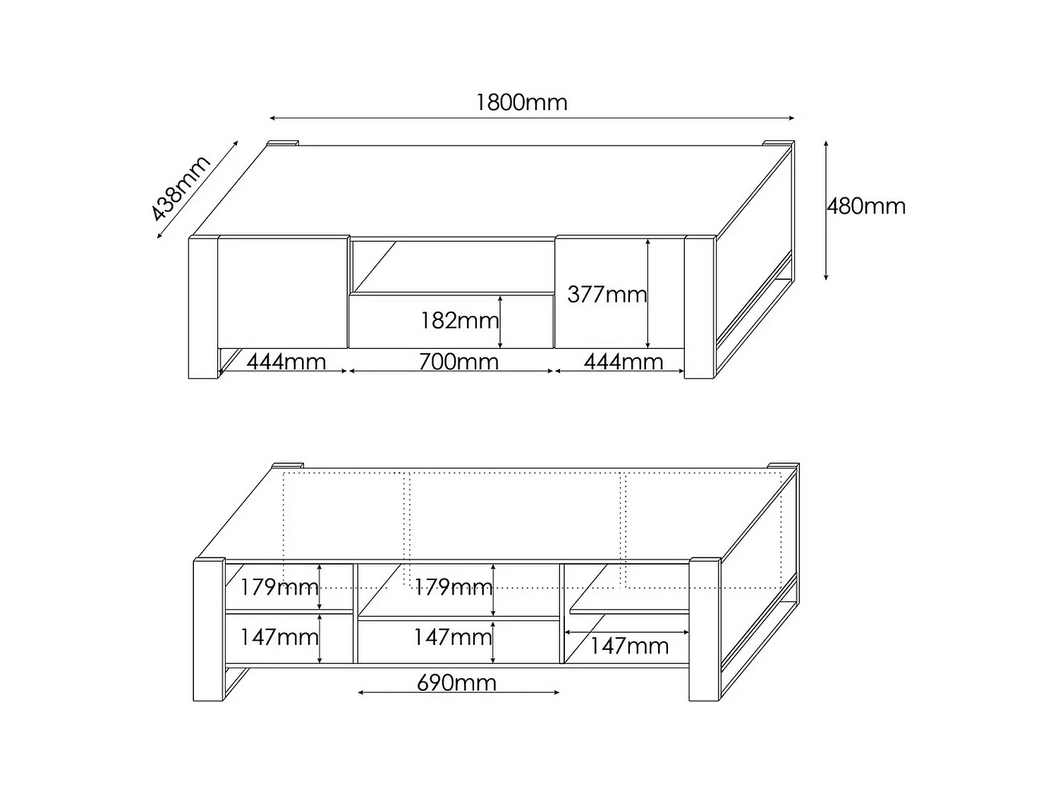 Meuble TV Sines, 3 étagères, 44x180x48h cm Chêne Nodé Marron