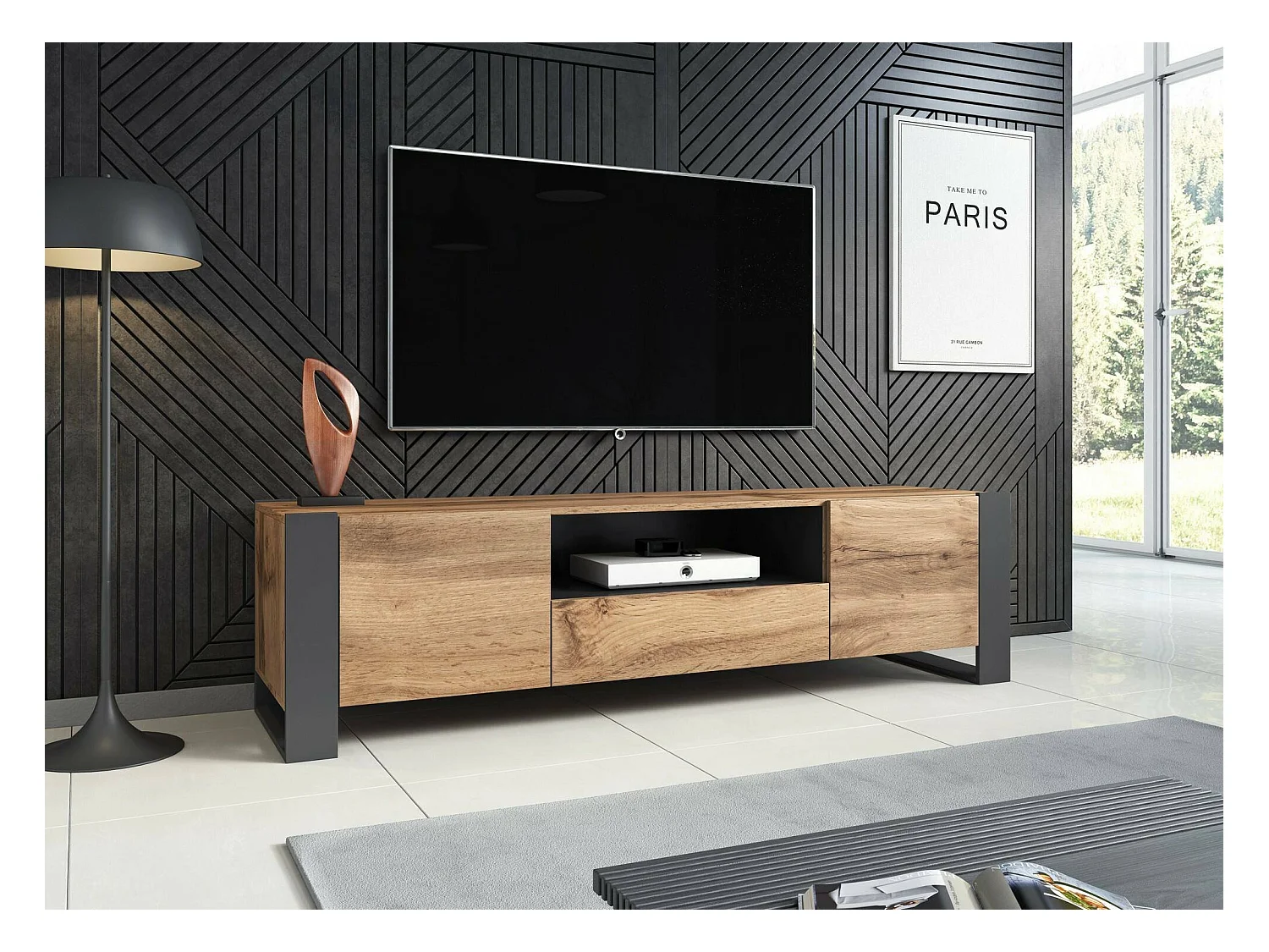 Meuble TV Sines, 3 étagères, 44x180x48h cm Chêne Nodé Marron