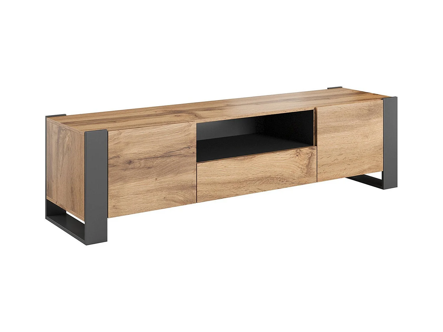 Mobile porta TV Dronero, Madia da salotto con ante battenti, vano aperto e cassetto, Rialzato da terra, 180x44 h48 cm, Rovere Nodi e Antracite