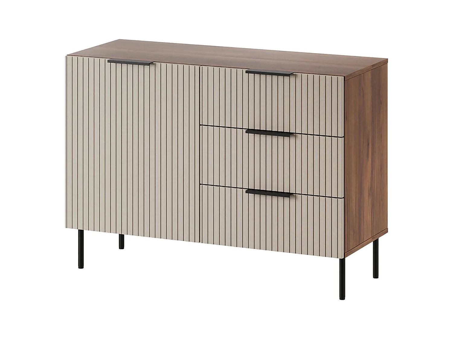 Credenza Grado, Madia da salotto con un'anta battente e tre cassetti, Rialzato da terra, 104x42 h75 cm, Noce e Beige