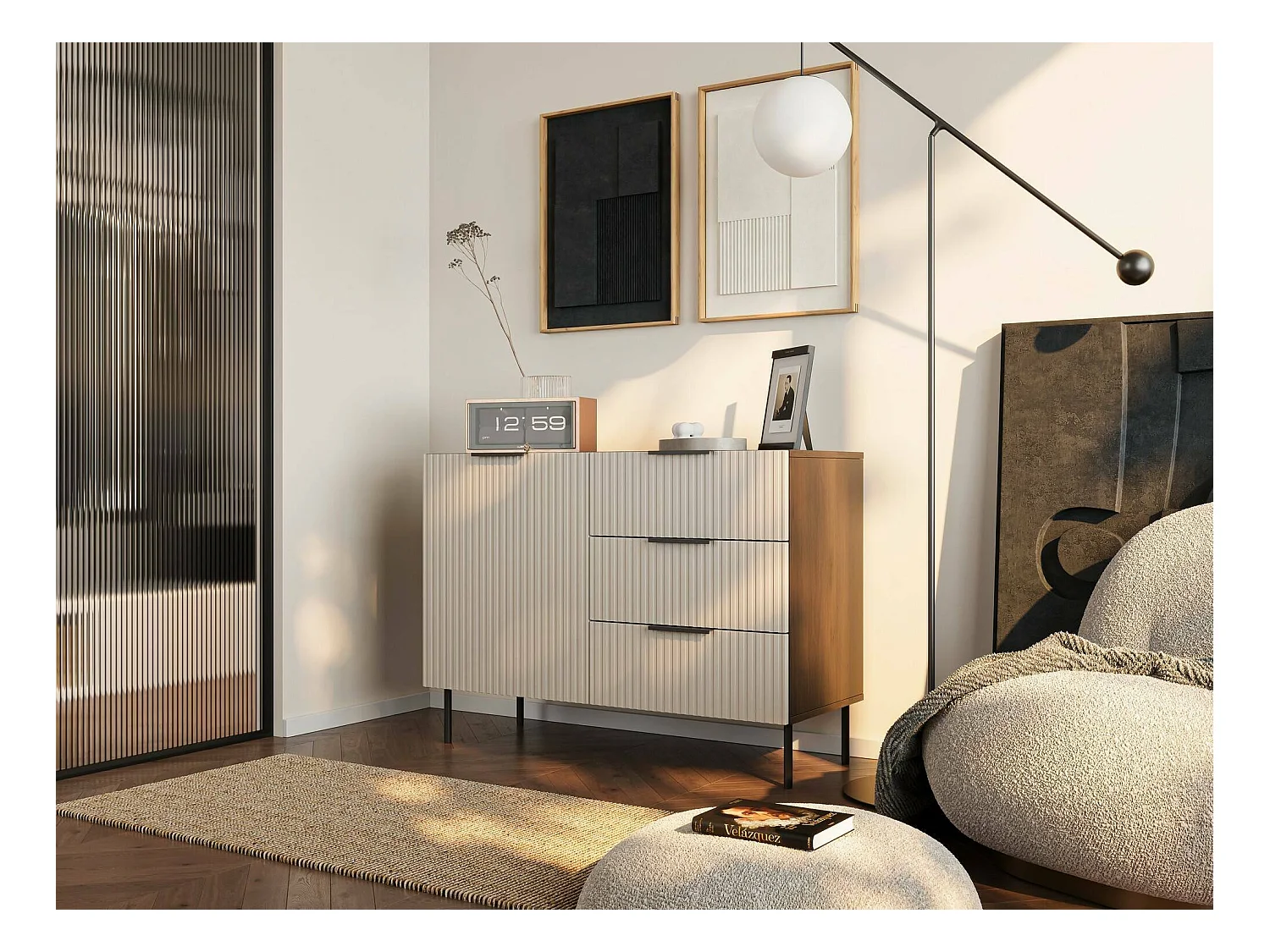 Credenza Grado, Madia da salotto con un'anta battente e tre cassetti, Rialzato da terra, 104x42 h75 cm, Noce e Beige