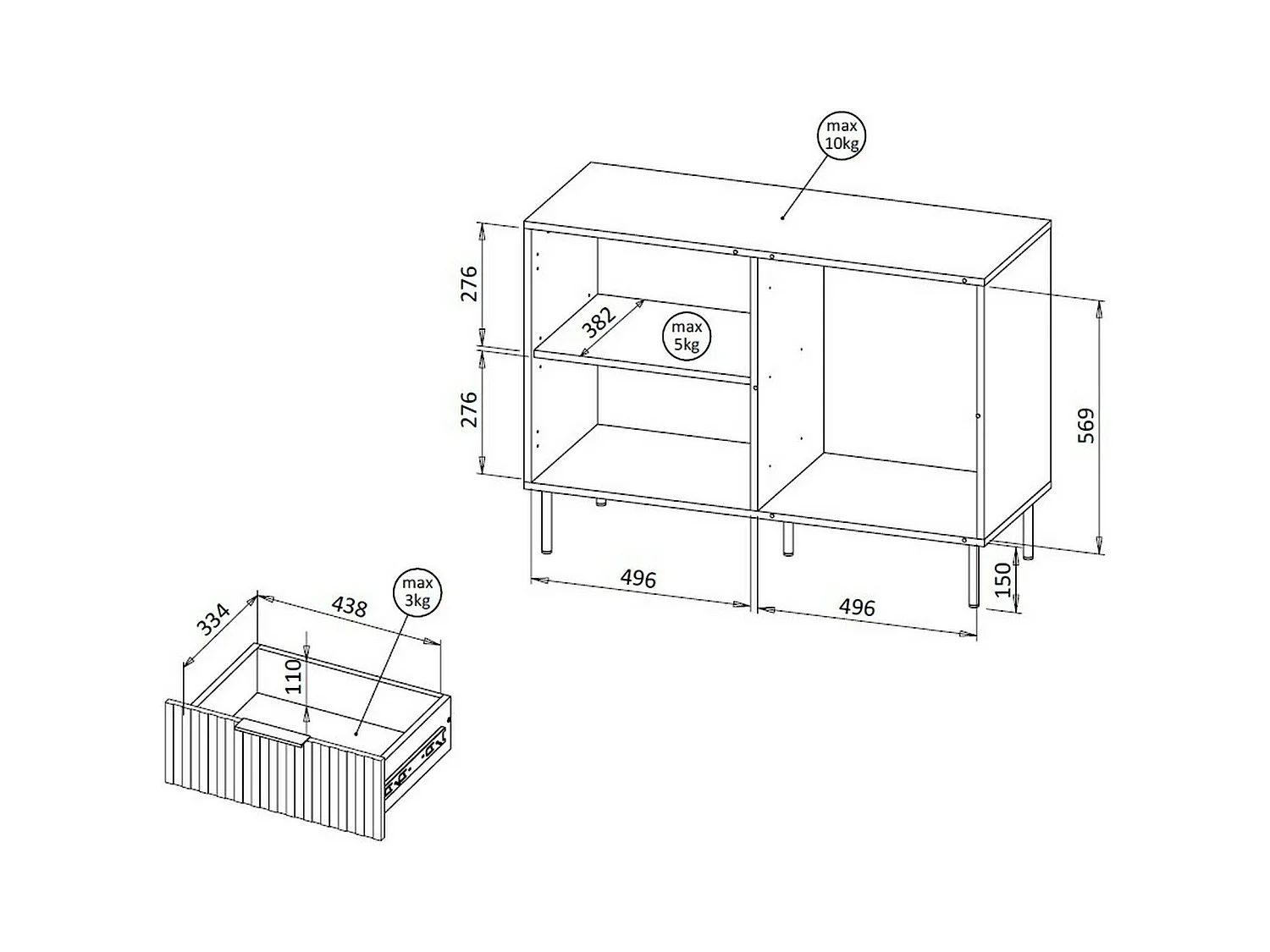 Credenza Grado, Madia da salotto con un'anta battente e tre cassetti, Rialzato da terra, 104x42 h75 cm, Noce e Beige