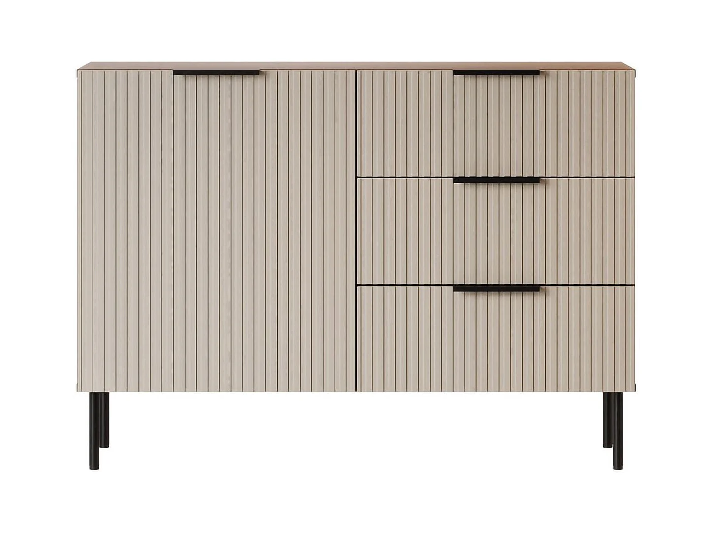 Credenza Grado, Madia da salotto con un'anta battente e tre cassetti, Rialzato da terra, 104x42 h75 cm, Noce e Beige