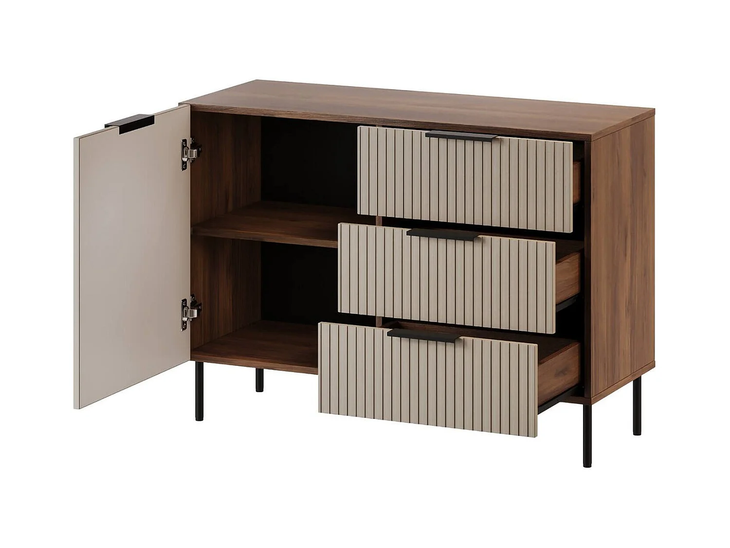 Credenza Grado, Madia da salotto con un'anta battente e tre cassetti, Rialzato da terra, 104x42 h75 cm, Noce e Beige