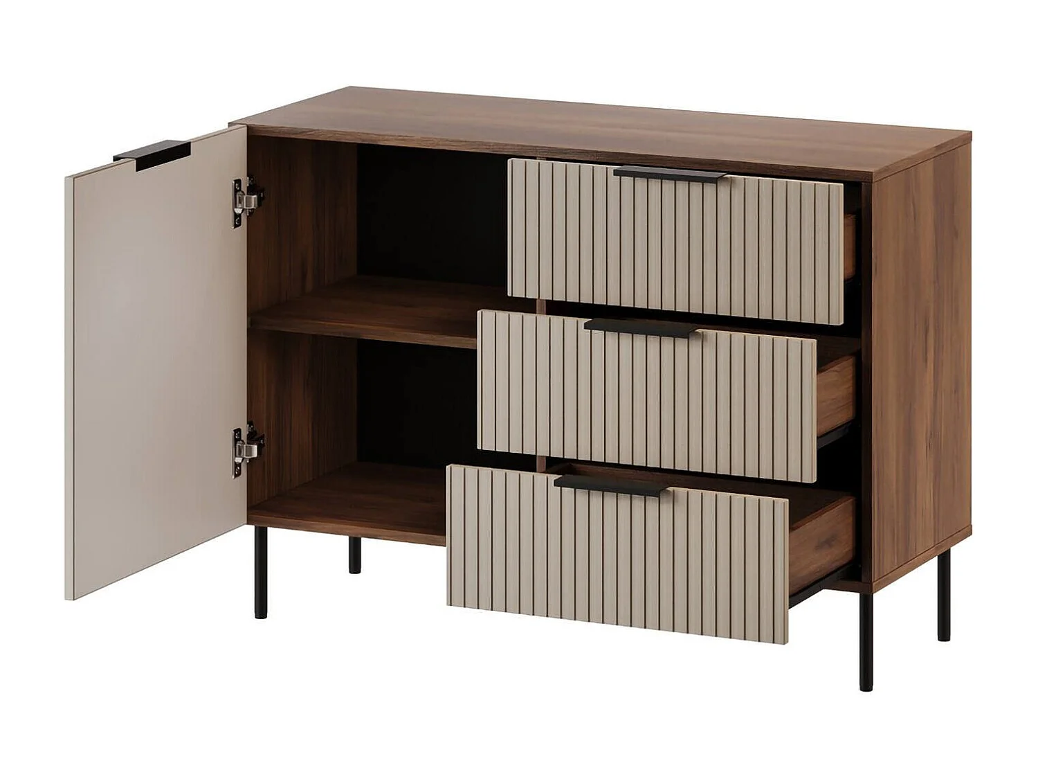 Credenza Grado, Madia da salotto con un'anta battente e tre cassetti, Rialzato da terra, 104x42 h75 cm, Noce e Beige