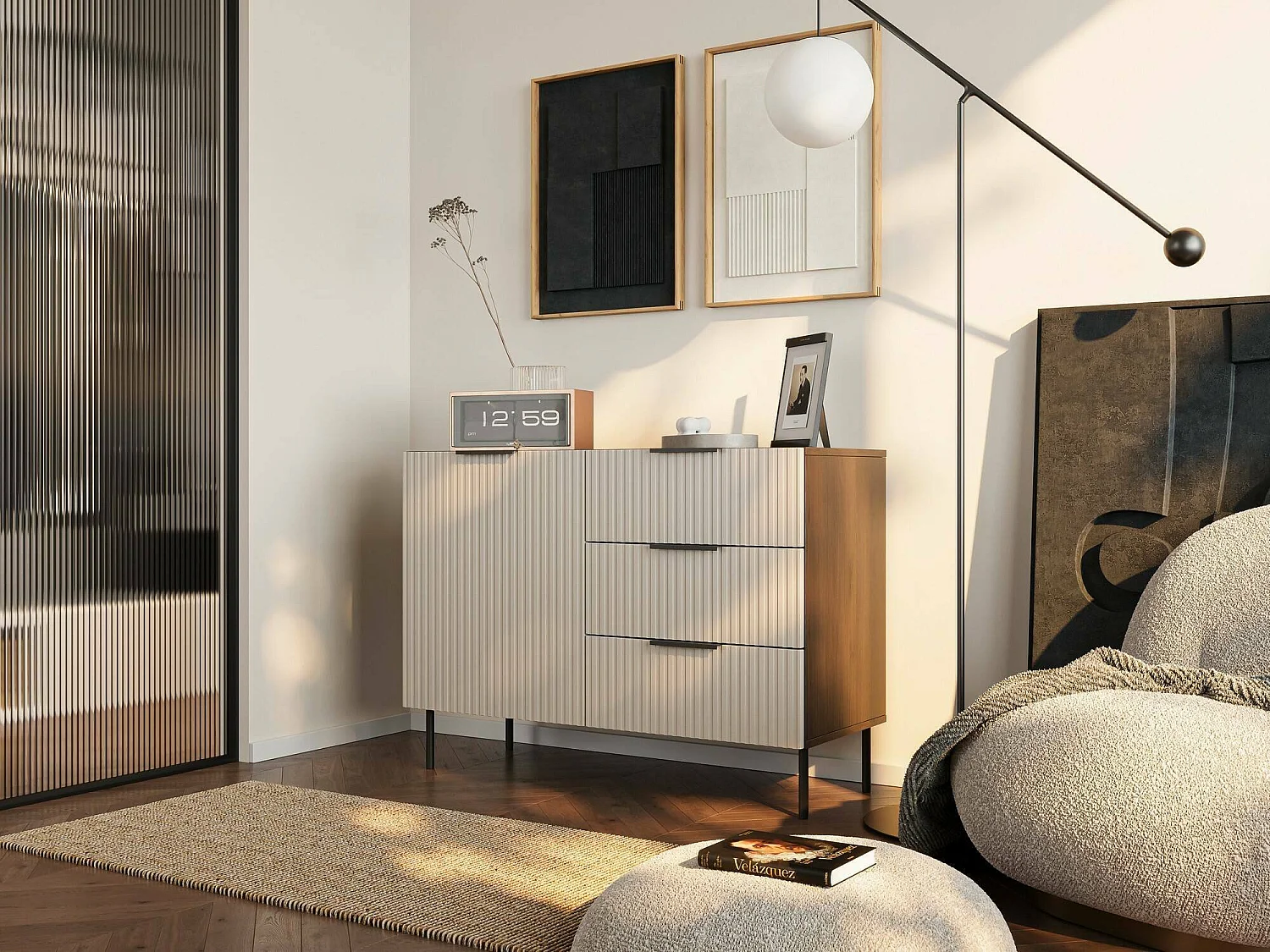 Credenza Grado, Madia da salotto con un'anta battente e tre cassetti, Rialzato da terra, 104x42 h75 cm, Noce e Beige