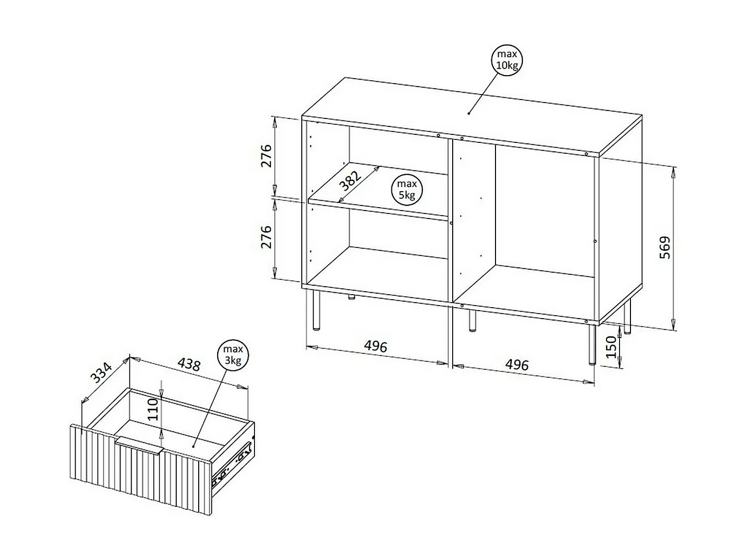 Credenza Grado, Madia da salotto con un'anta battente e tre cassetti, Rialzato da terra, 104x42 h75 cm, Noce e Beige