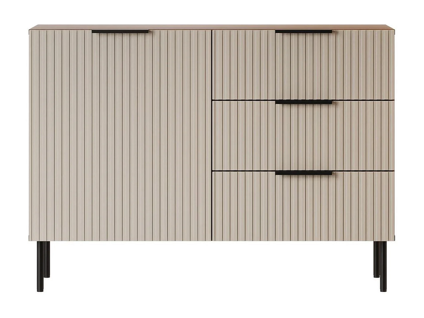 Credenza Grado, Madia da salotto con un'anta battente e tre cassetti, Rialzato da terra, 104x42 h75 cm, Noce e Beige