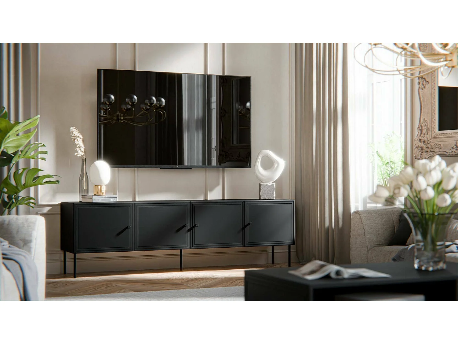 Meuble TV Felgueiras, une étagère, 40x201x60h cm Noir