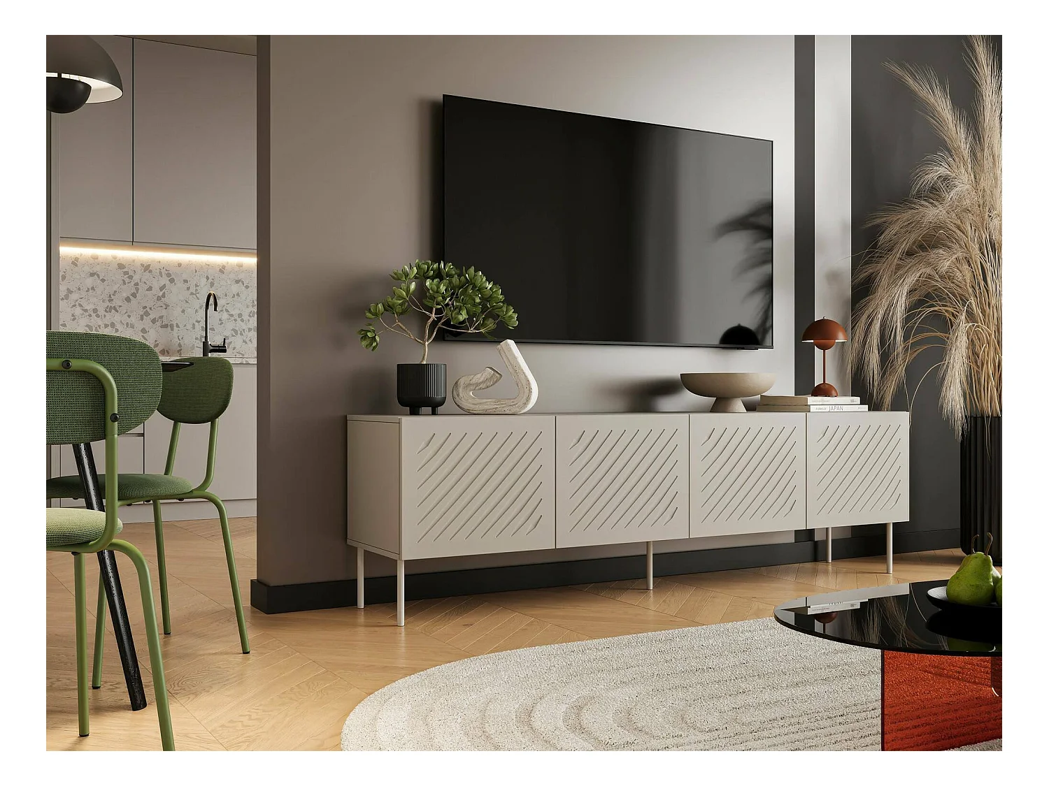 Meuble TV Trofa, une étagère, 42x200,5x60h cm Beige