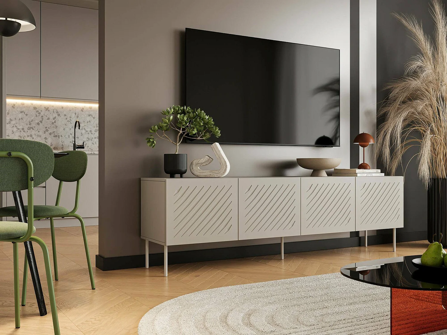 Meuble TV Trofa, une étagère, 42x200,5x60h cm Beige