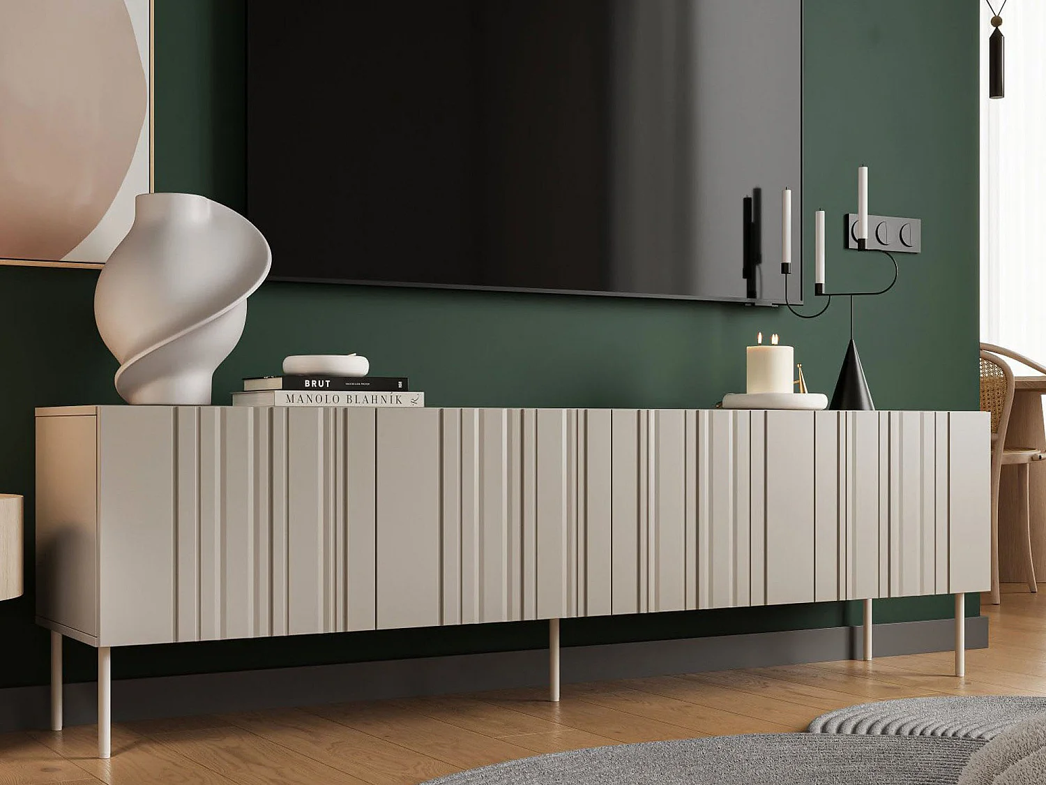Meuble TV Trofa, une étagère, 42x200,5x60h cm Beige