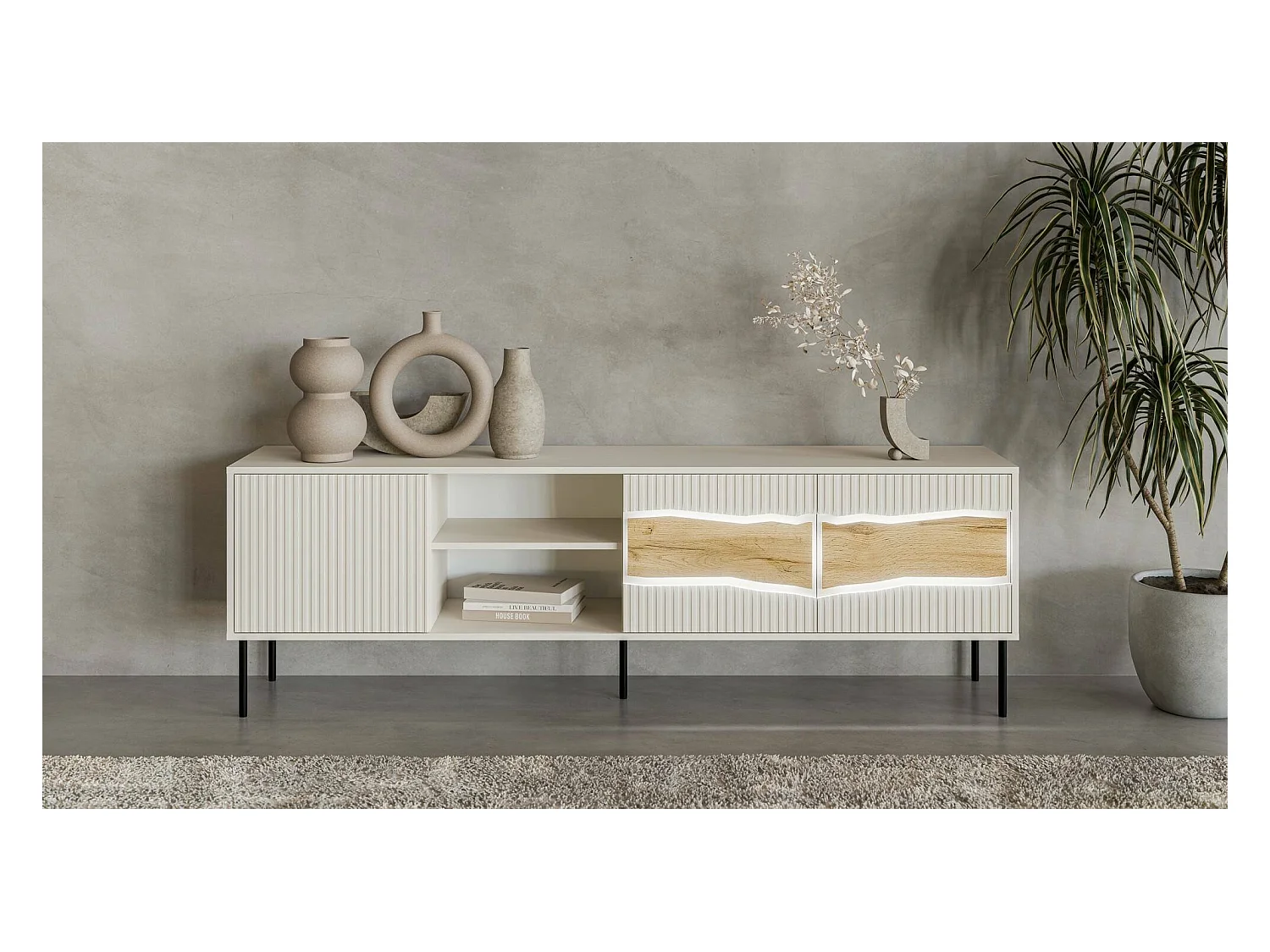 Meuble TV Feira, 2 étagères, 40x190x61.5h cm Beige