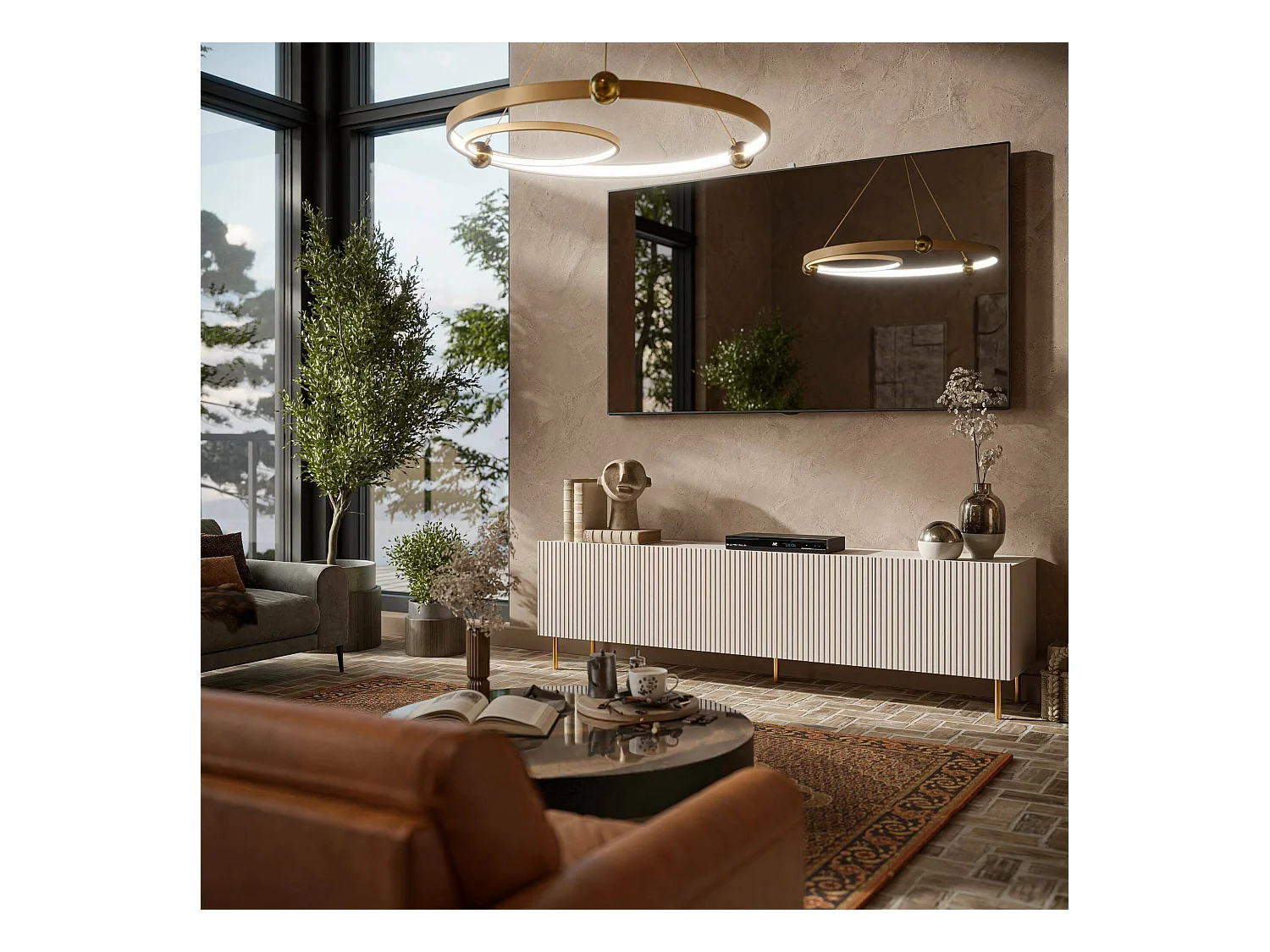 Meuble TV Ovar, 4 étagères, 42x200x52h cm Beige