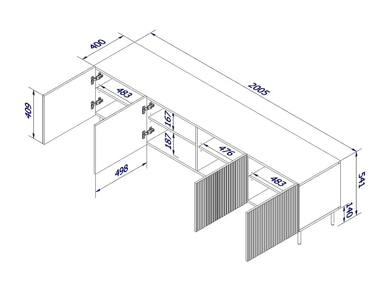 Meuble TV Ovar, 4 étagères, 42x200x52h cm Beige