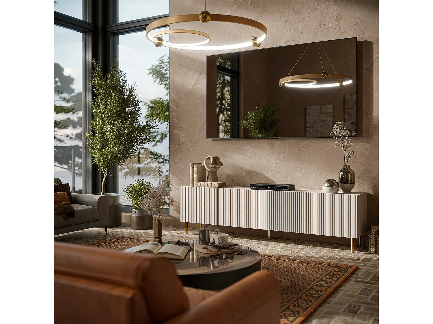 Meuble TV Ovar, 4 étagères, 42x200x52h cm Beige