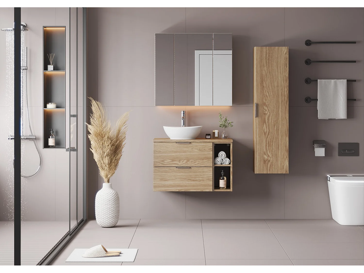 Ensemble pour salle de bain 80 cm Armoire Étagère Plan de travail Chêne huilé Pile