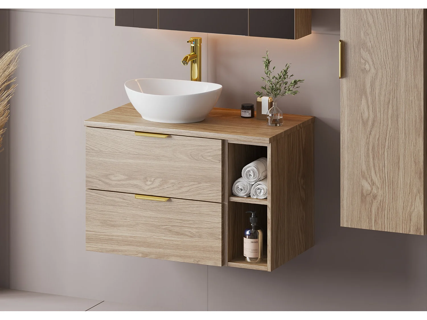 Ensemble pour salle de bain 80 cm Armoire Étagère Plan de travail Chêne huilé Pile