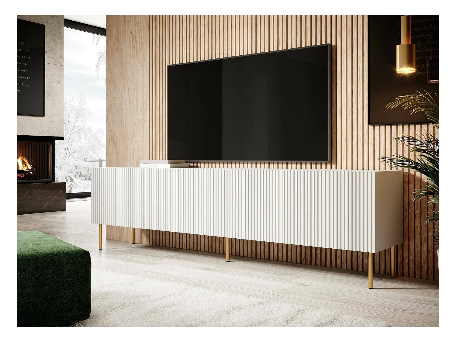 Meuble TV Ovar, 4 Étagères, 42x200x52h cm Blanc