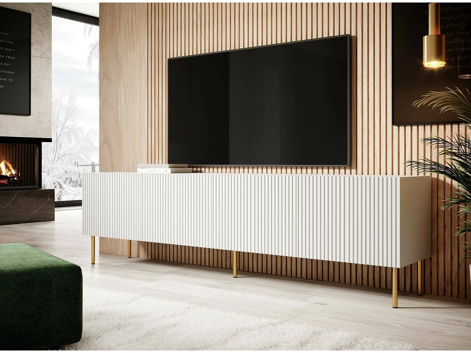 Meuble TV Ovar, 4 Étagères, 42x200x52h cm Blanc