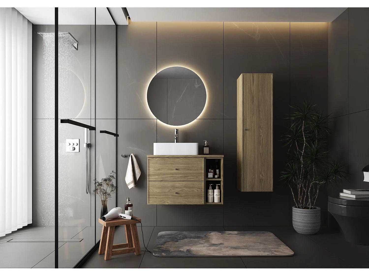 Ensemble pour salle de bain 80 cm Armoire Étagère Plan de travail Chêne huilé Marco