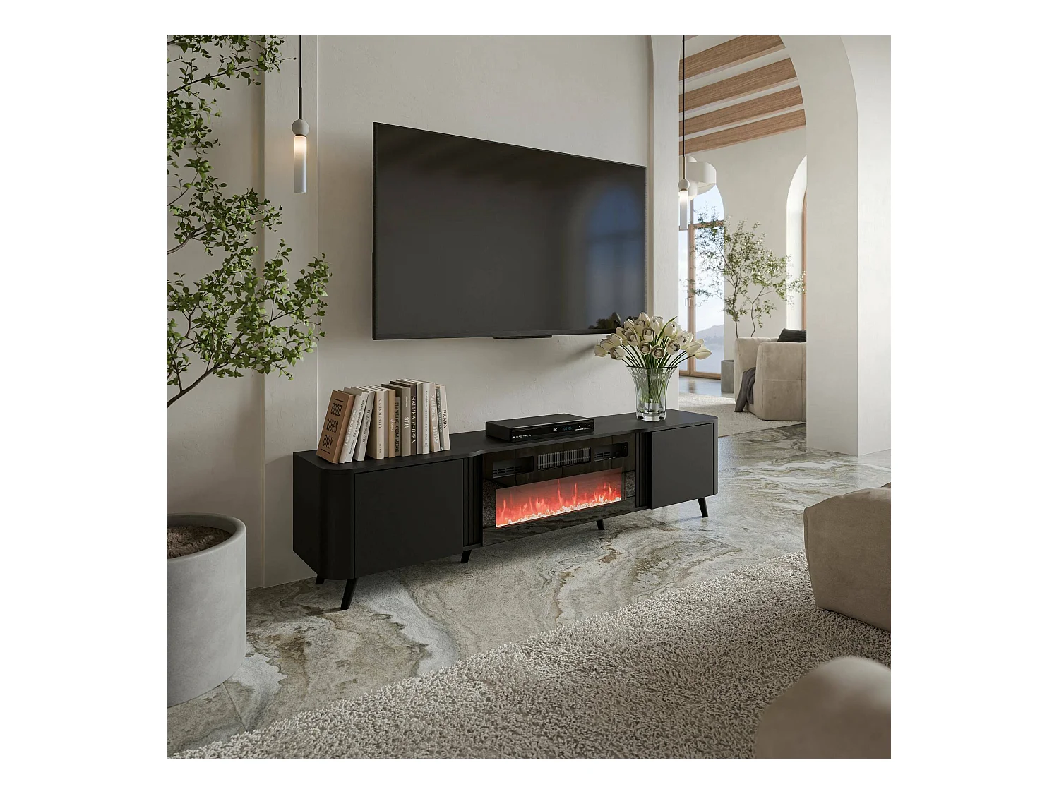 Meuble TV Tomar, 2 Étagères, 40x190,5x58h cm Noir