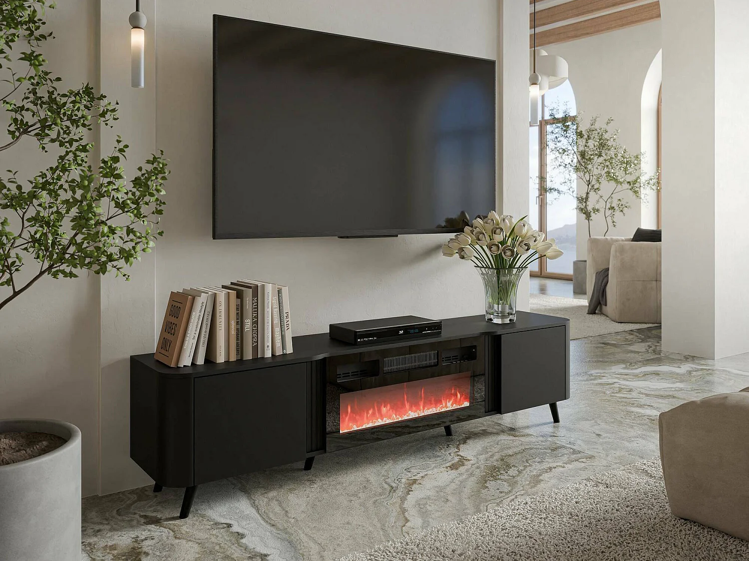 Meuble TV Tomar, 2 Étagères, 40x190,5x58h cm Noir