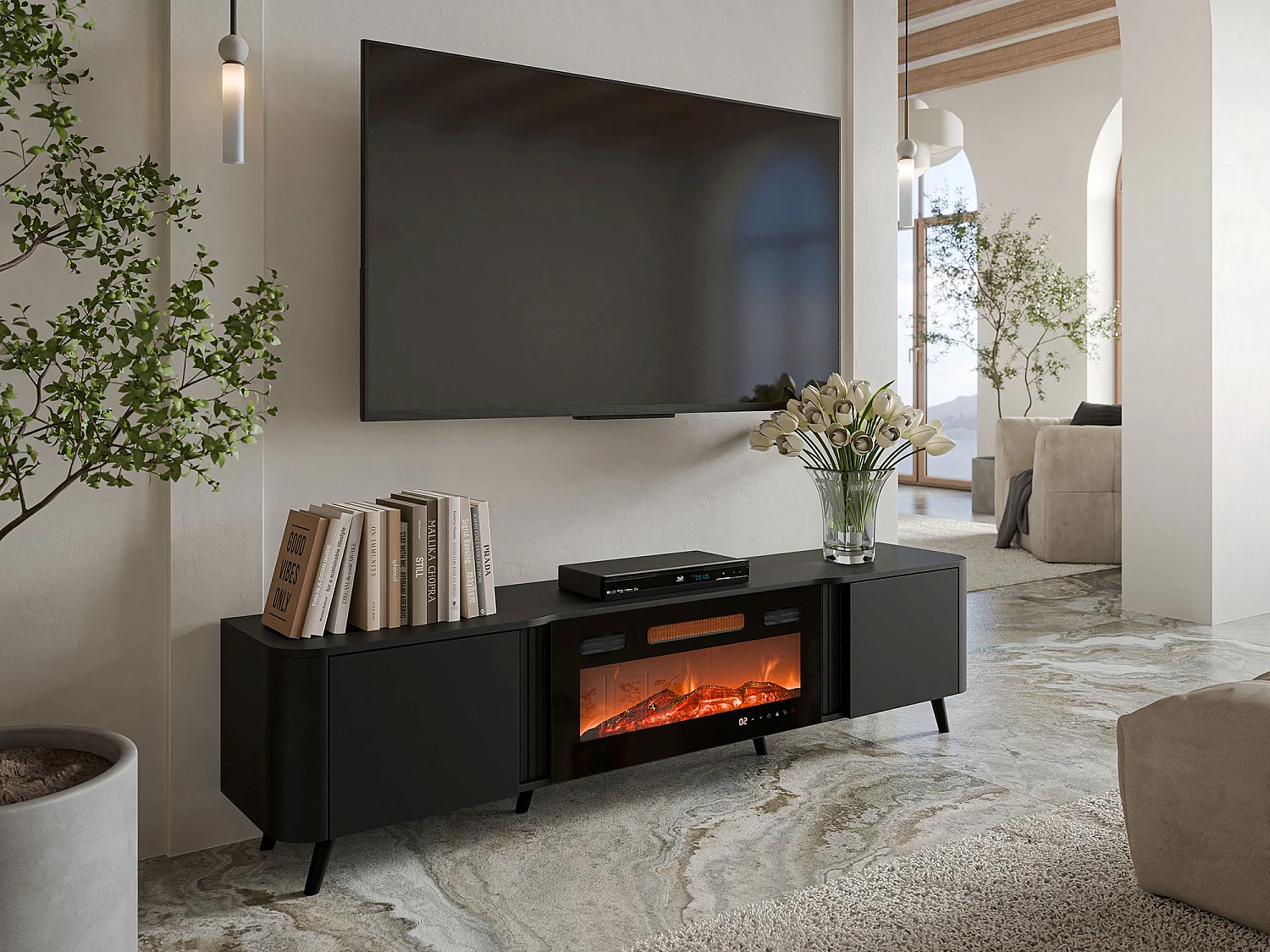 Meuble TV Tomar, 2 Étagères, 40x190,5x58h cm Noir