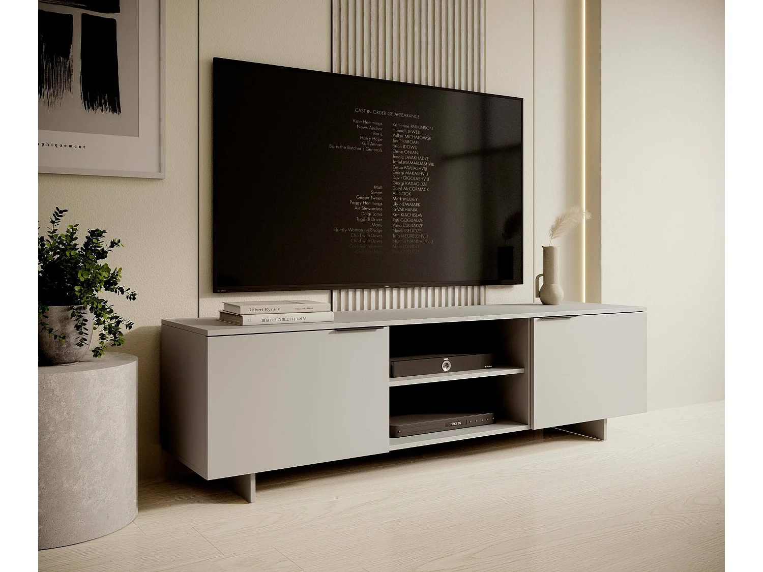 Mobile porta TV Buono, Madia da salotto con due ante battenti e due vani aperti, Rialzato da terra, 180x42 h55 cm, Beige