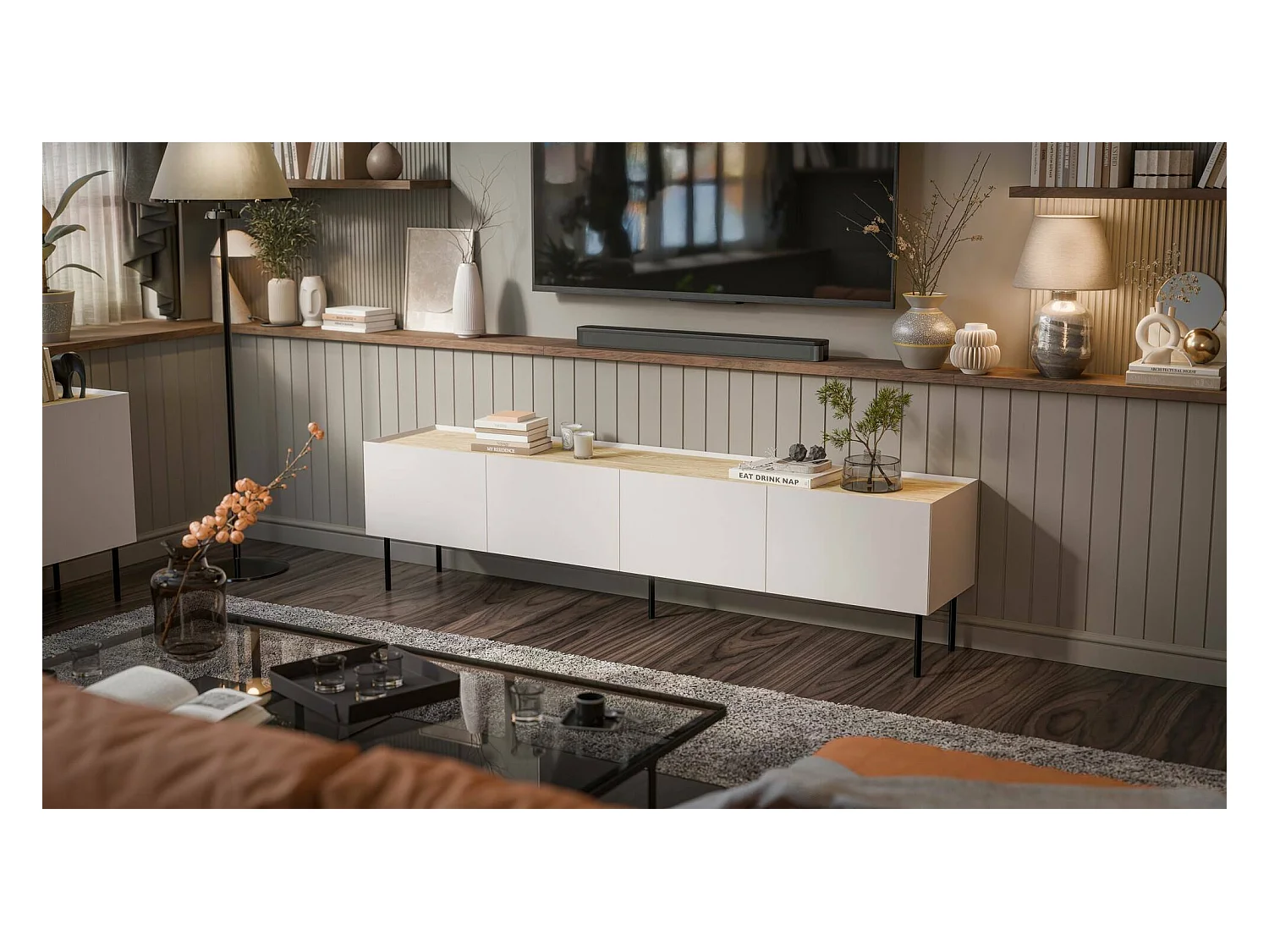 Meuble TV Novas, une étagère, 40x200x52h cm Beige Chêne