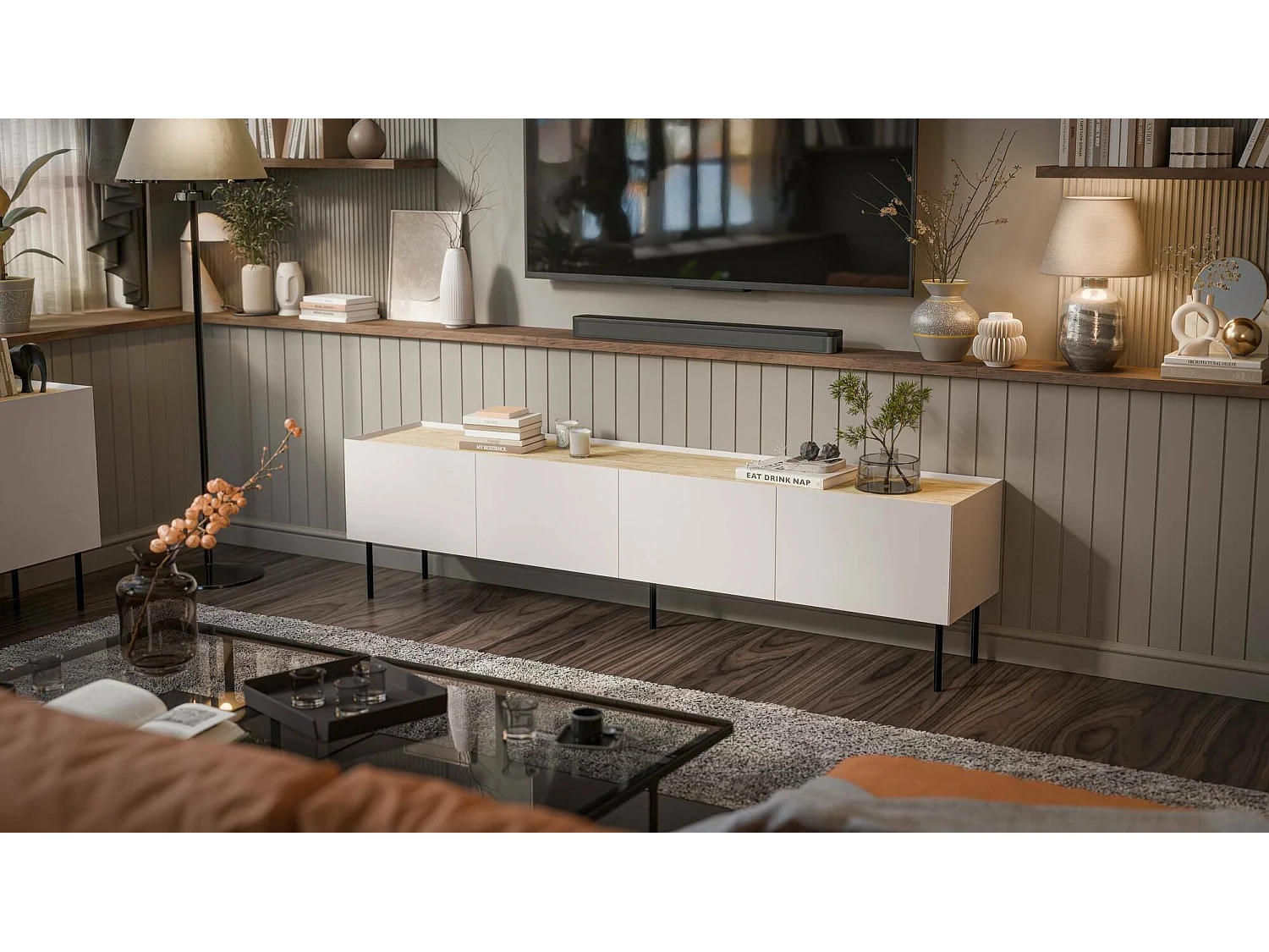 Meuble TV Novas, une étagère, 40x200x52h cm Beige Chêne