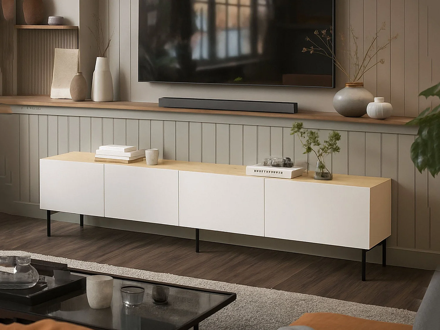 Meuble TV Novas, une étagère, 40x200x52h cm Beige Chêne