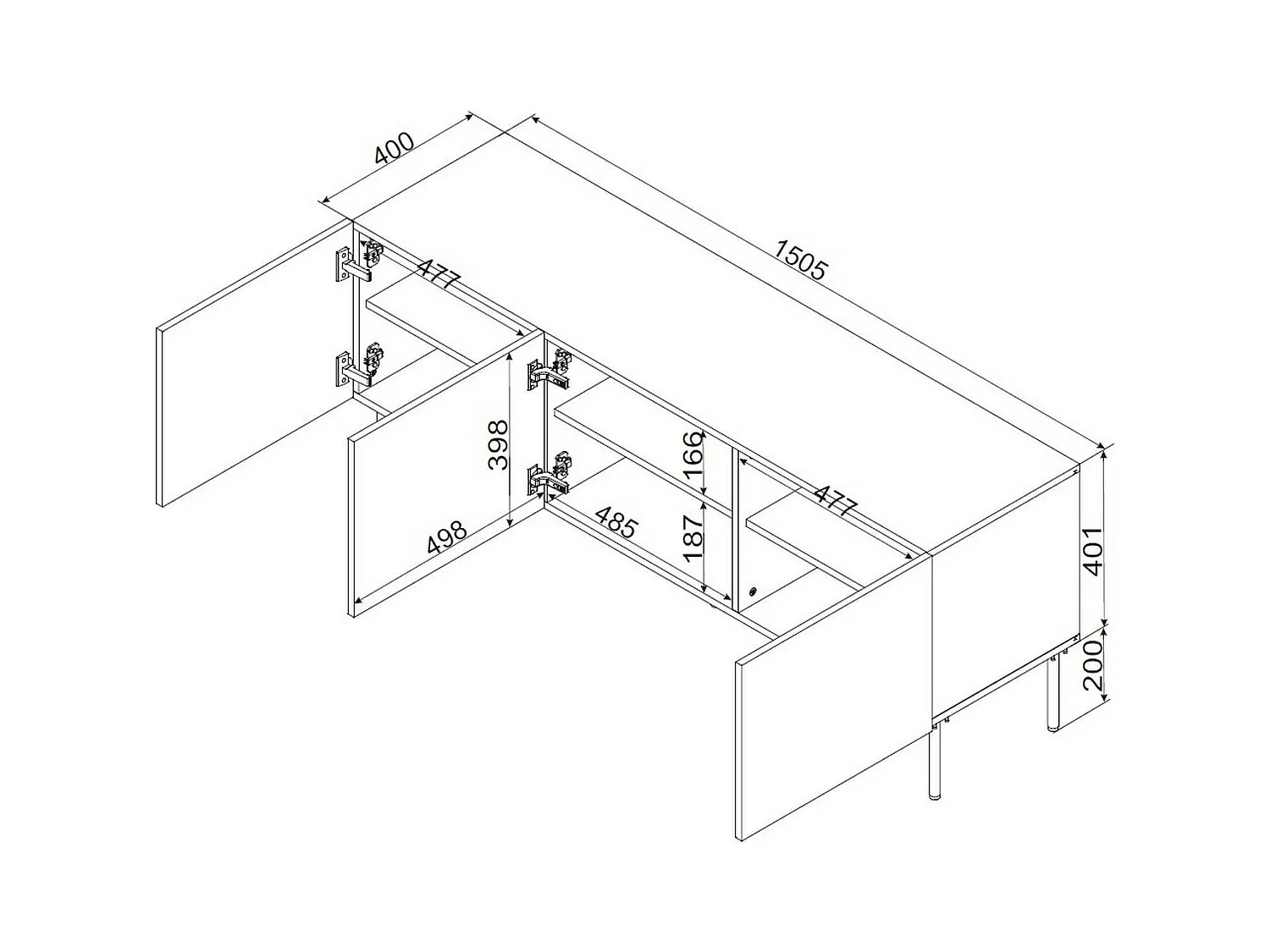 Meuble TV Moura, 3 étagères, 40x151x60h cm blanc