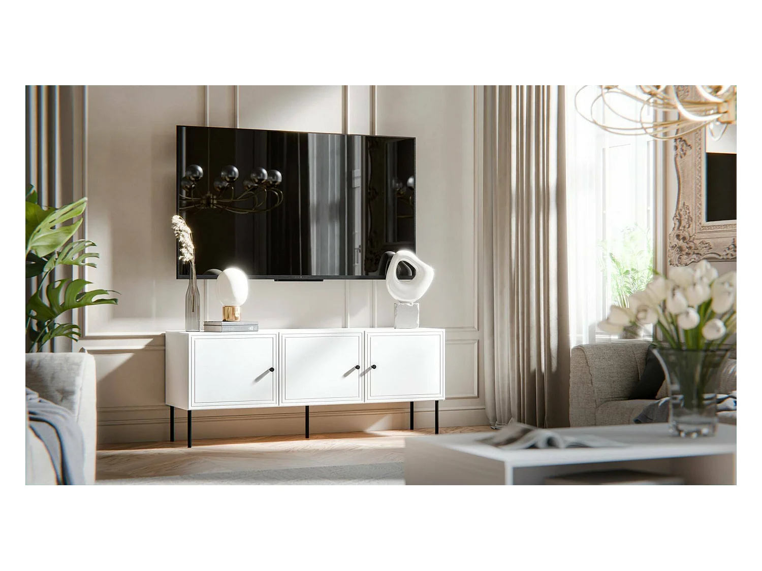 Meuble TV Moura, 3 étagères, 40x151x60h cm blanc