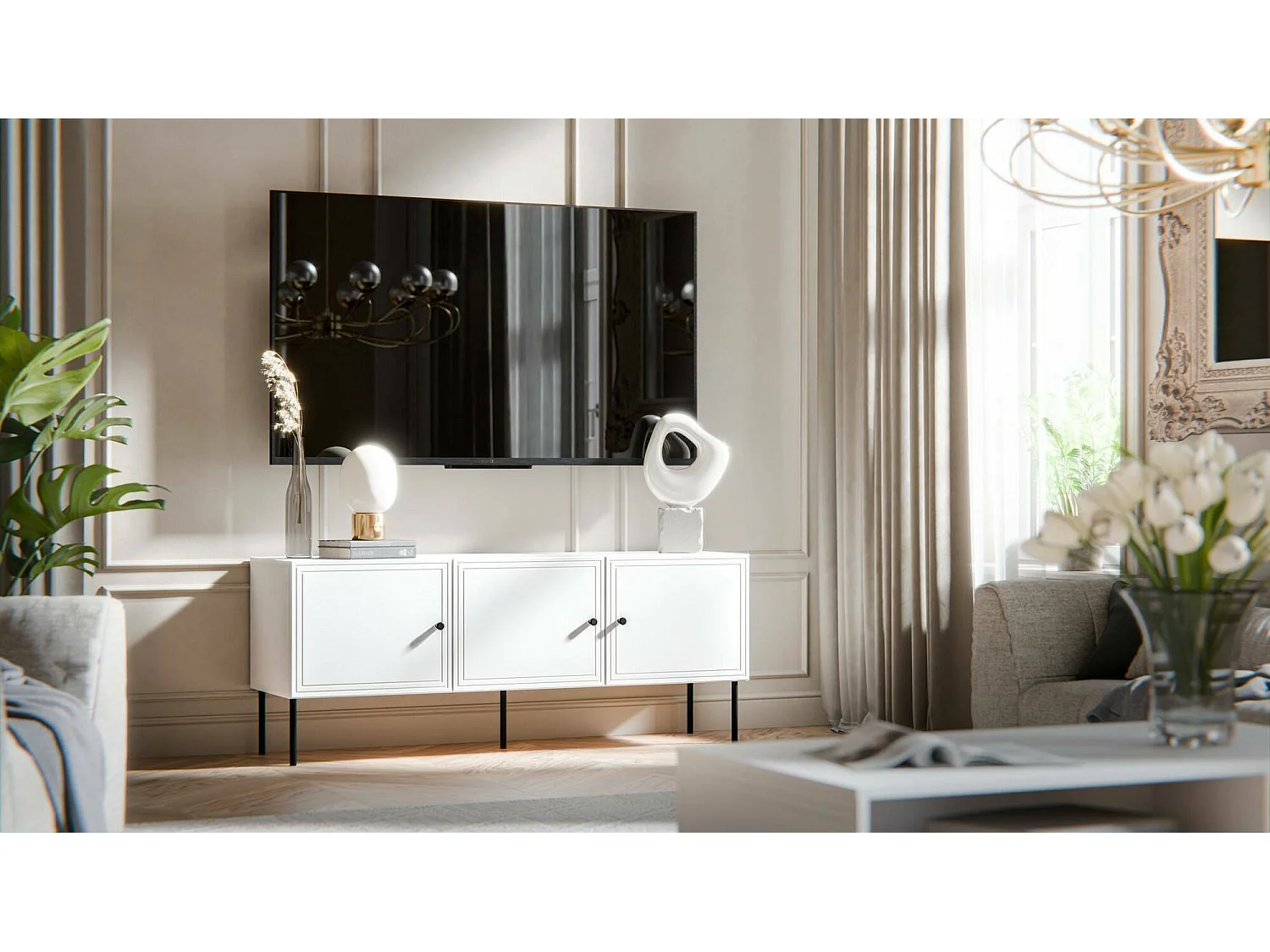 Meuble TV Moura, 3 étagères, 40x151x60h cm blanc