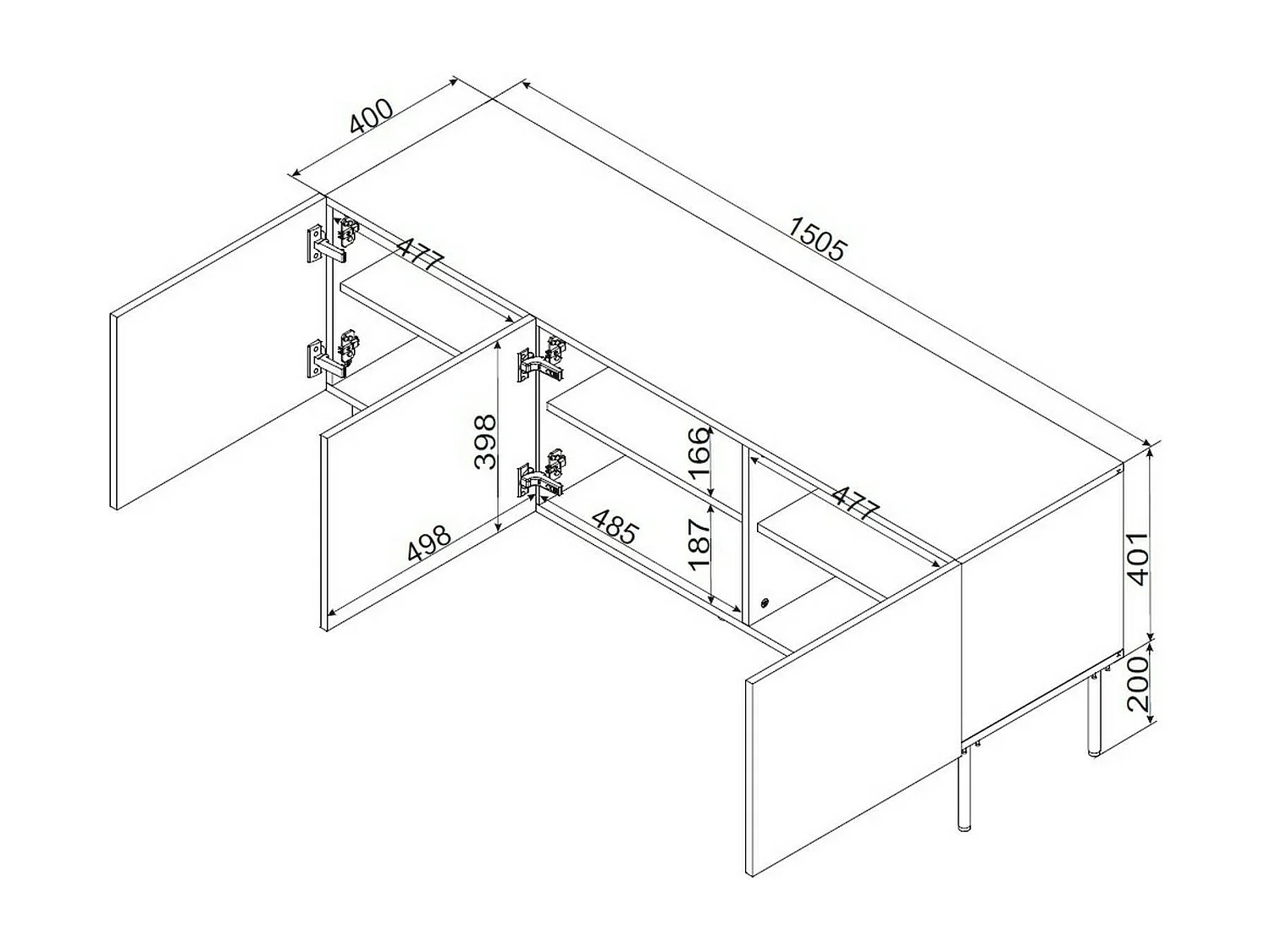 TV-Schrank Moura, 3 Regale, 40x151x60h cm Weiß