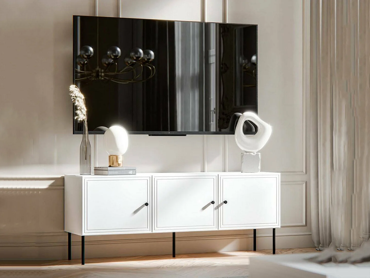 Sarzana tv-meubel, 3 planken, 151x40x60h cm wit, 3 deuren, 6 vakken