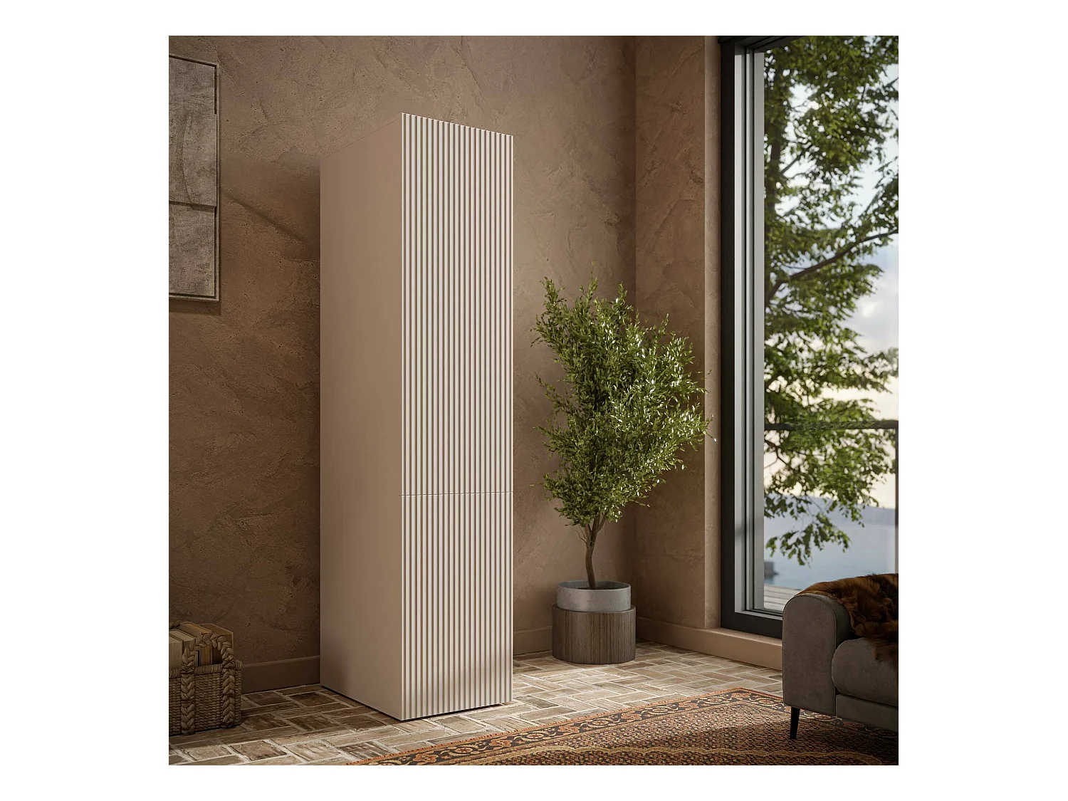 Armadio multiuso 1 anta Treville, Mobile multifunzionale con 4 ripiani interni, Finitura effetto cannettato, 45x56 h199 cm, Beige