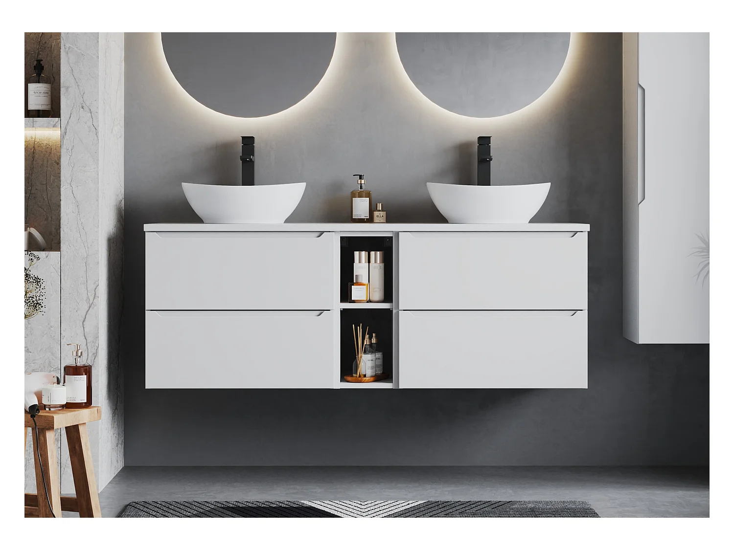 Weißer Waschbeckenschrank 60 cm, 2 Schubladen Etna