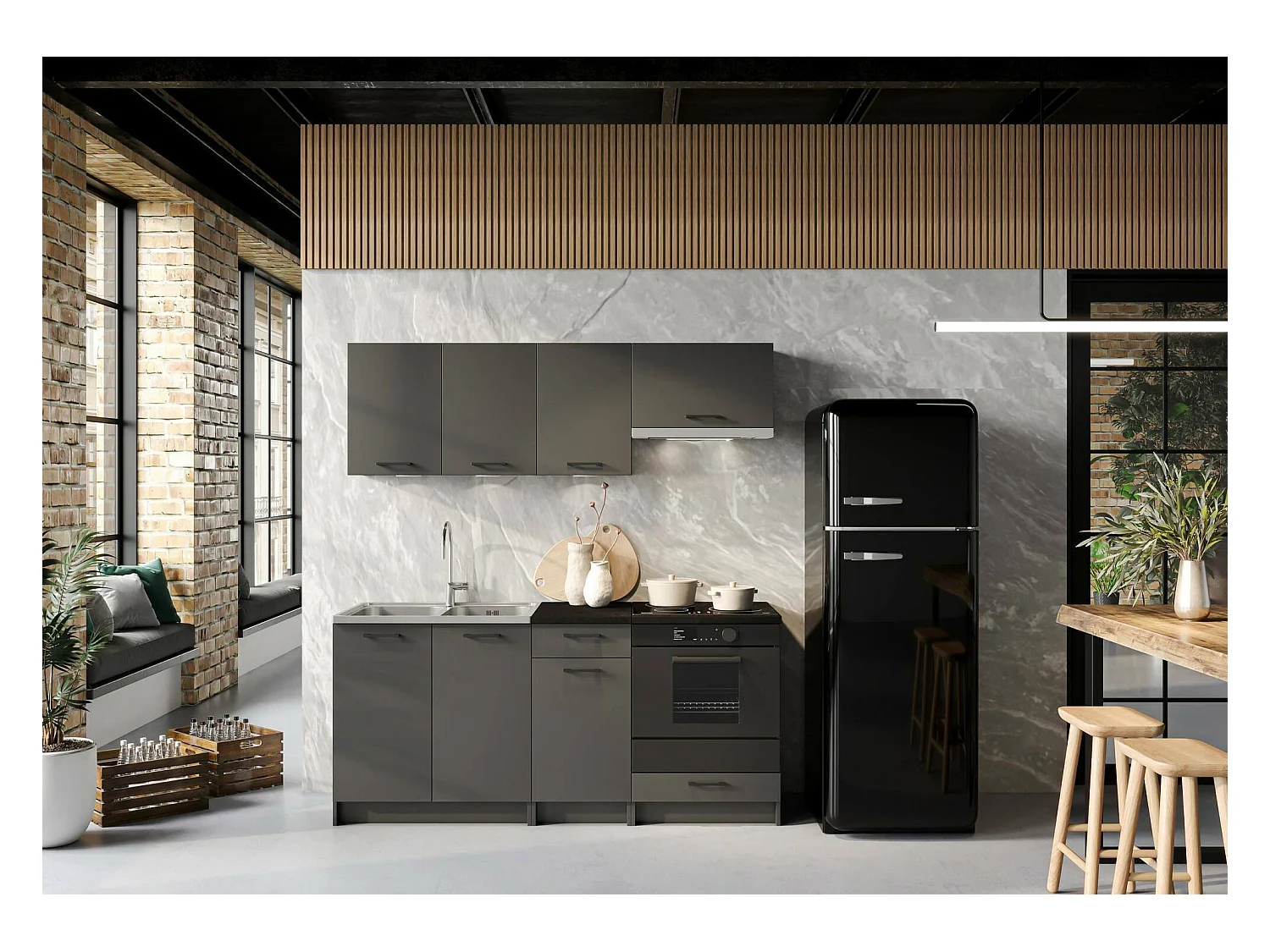 Cucina completa Covo, Set compatto e funzionale con ante e cassetto, Antracite